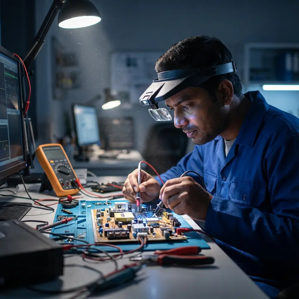 Expert technician performing diagnostic tests on TV motherboard